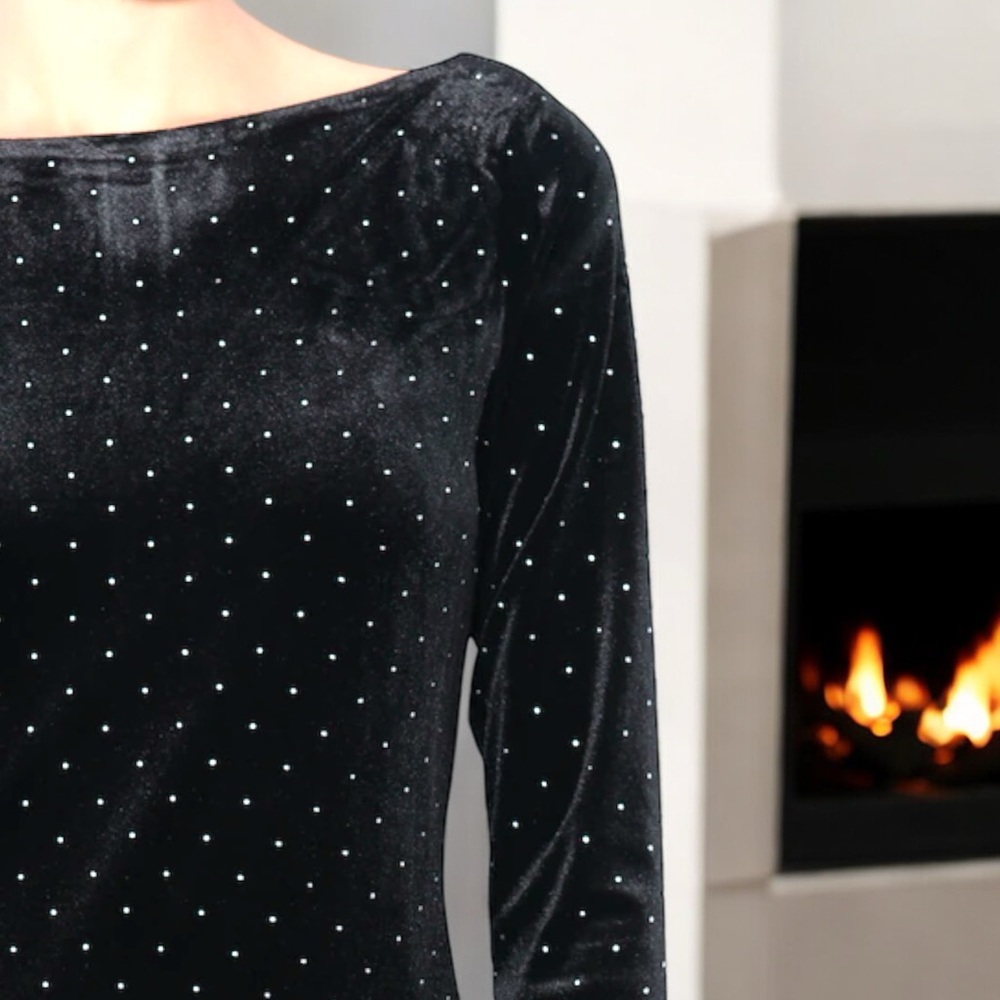 Cache’ Gold Studded Black Velvet Split Shoulder T… - image 7